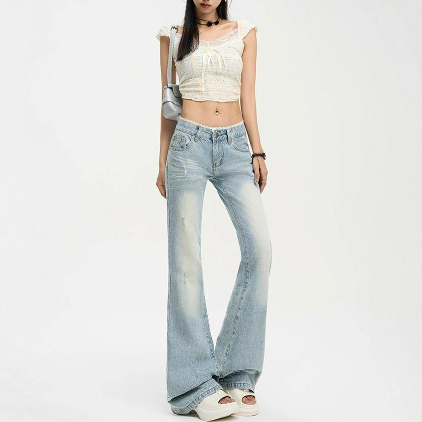 Koronkowe wstawki Mikro-szerokie Jeansy Damskie Letnie Prane Niebieskie Retro Obcisłe Spodnie Jeansowe z Niskim Stanem Retro Street Style Luźne Długie Jeansy dla Pań