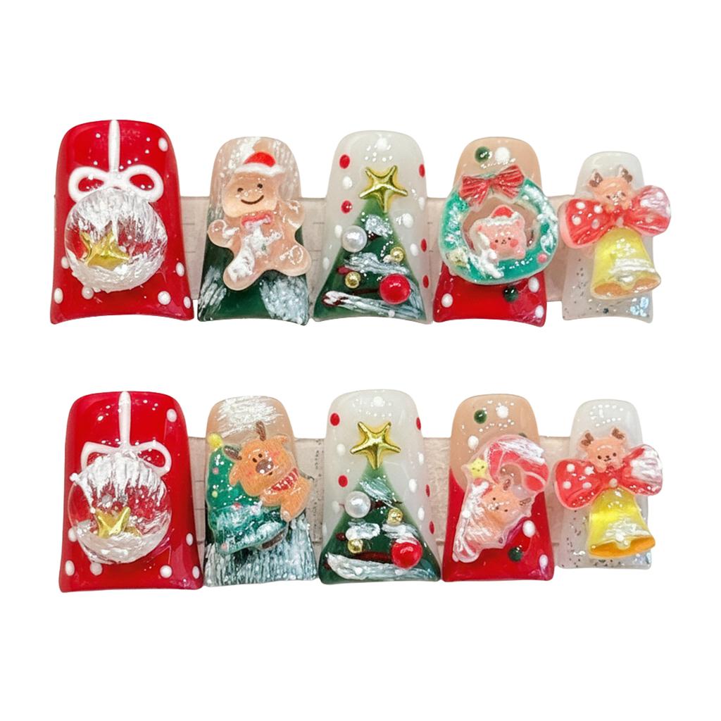 10PCS Christmas Artificial Nails with Duckbill Design Holiday Theme Press On Nails for Women Girls Festive Party Nail Art Decoration