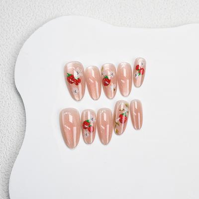 30 Peças Unhas Postiças Olho de Gato Usando Armadura Usáveis Melancia Morango Unhas Falsas Simples Pontas de Unhas Postiças Artificiais Nail Art