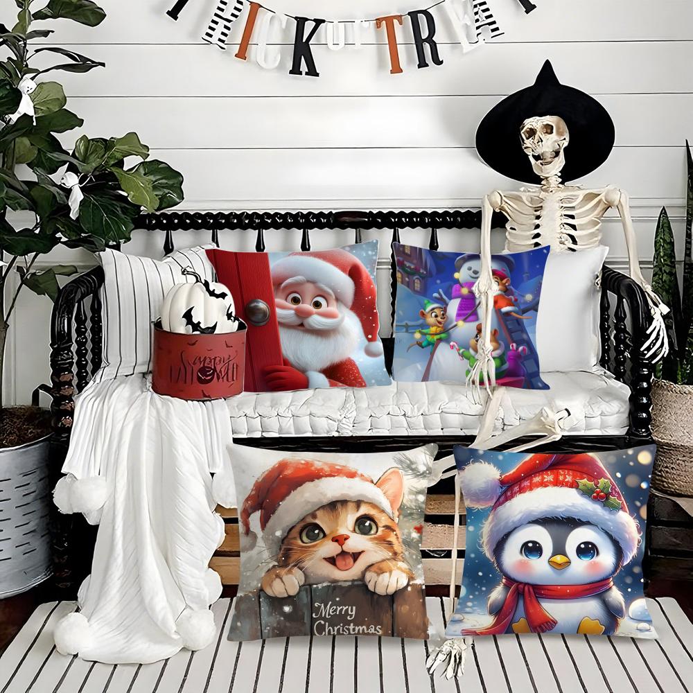 Cute Christmas Cartoon Illustrations Second Pillow Case Silky Short Plush With Invisible Zipper Dustproof Sofa Cushion Cover