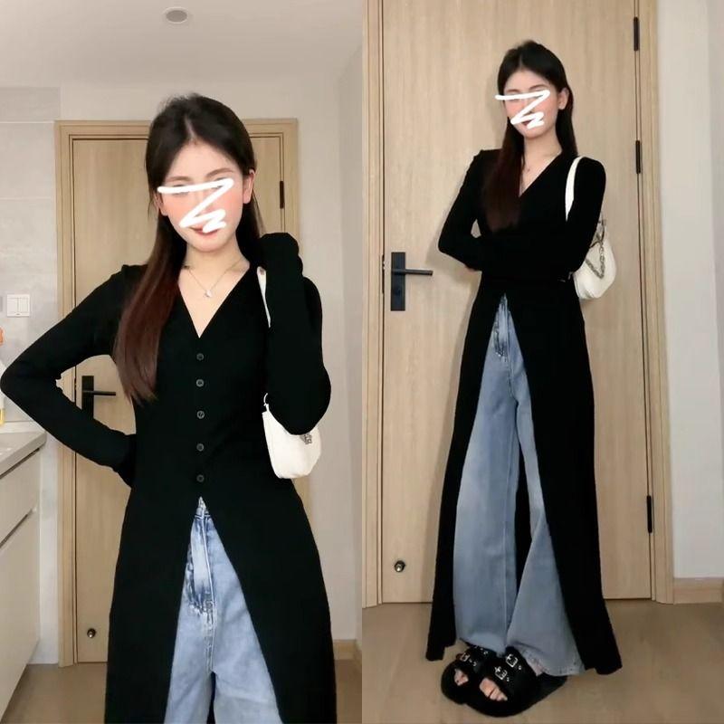 

High Sense Wear Black Knit cardigan Mid-Length Sweater Outerwear Women Spring and Autumn 2025 New Long sleeve Top Black Quality Edition XL