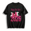 2026 Happy New Year Sequin Bow Print Festive Long Sleeve Top Pure Cotton T-shirt