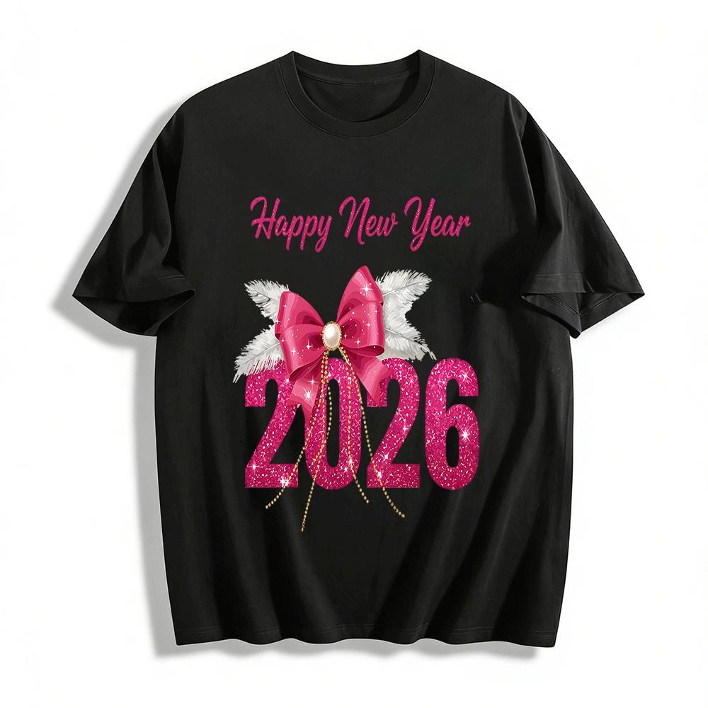 2026 Happy New Year Sequin Bow Print Festive Long Sleeve Top Pure cotton T-shirt XXS