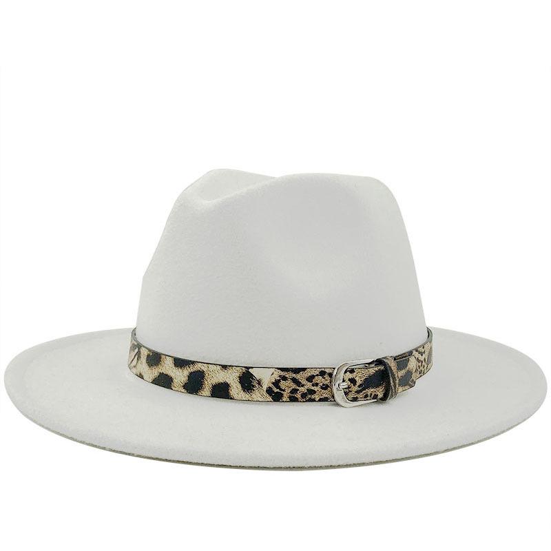 Fashion leopard print belt woolen top hat ladies jazz hat autumn and winter versatile felt hat flat edge top hat church hat