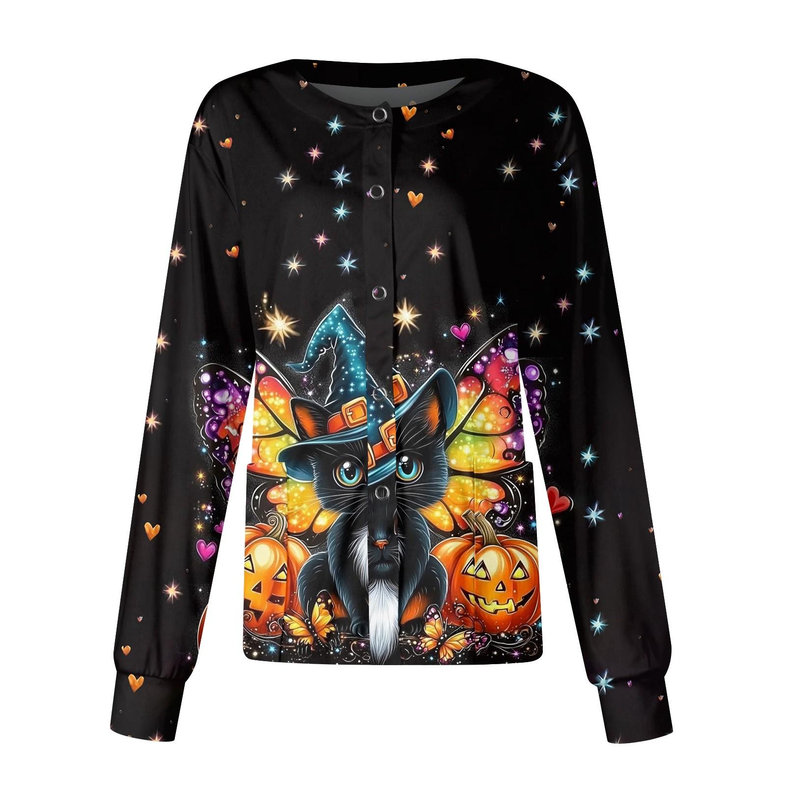 

Women s Halloween Printed Casual Long-sleeved Single-breasted Work Uniform Cardigan Top XXXXXL