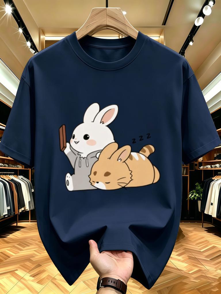 Unisex O Neck Tee Rabbit And Sleeping Cat Cartoon Art Print Cotton Short Sleeve Loose Summer Breathable Daily Casual Basic Wear Top