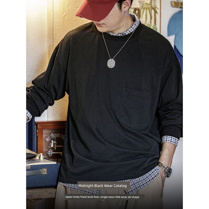Madden Cargo American Casual Solid Pocket Long sleeves Shirt Cityboy Loose Cotton Inner wear Bottoming Shirt Men's Summer