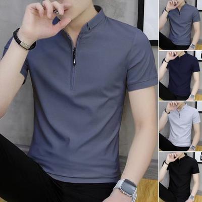 Summer Men Top V Neck Zipper Stand Collar Short Sleeves Slim Fit Solid Color Soft Breathable Mid Length Casual Formal Business Shirt
