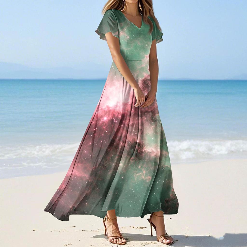 Women's Summer Casual Fashion -Print V-Neck Short-Sleeve Patchwork Dress