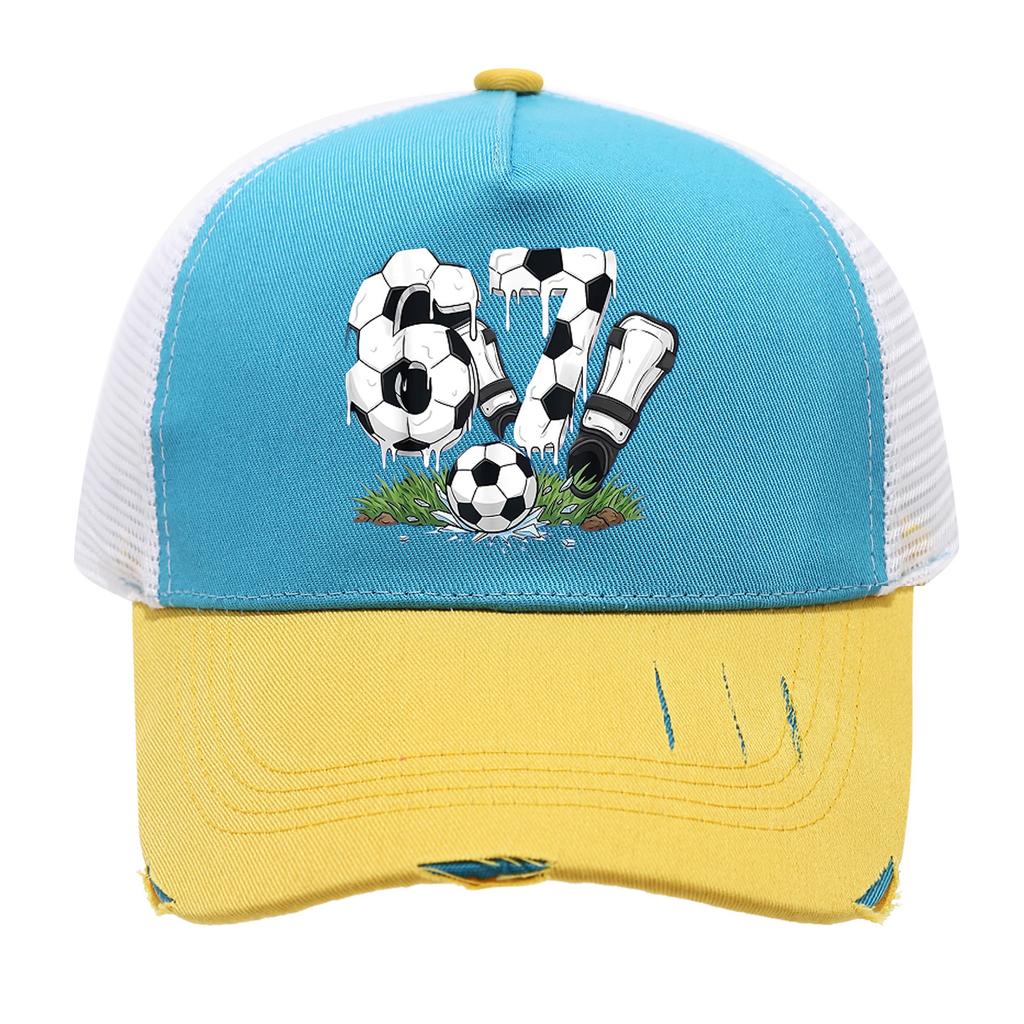 1PC Mesh Trucker Hat, Breathable, Distressed Brim, 3D Soccer 67 Print, Retro Streetwear for Men Women