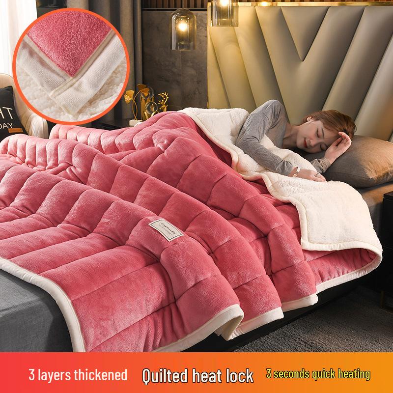 Thick Three-Layer Quilted Milk Velvet Lambswool Flannel Blanket for Autumn and Winter Warmth