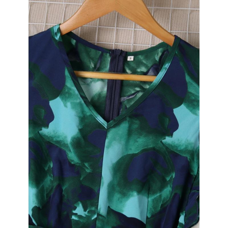 Women's Summer Wooden Ear Edge Patchwork Belt Buckle Decorative Pleated Waist Tie-dye Vintage Print Dress