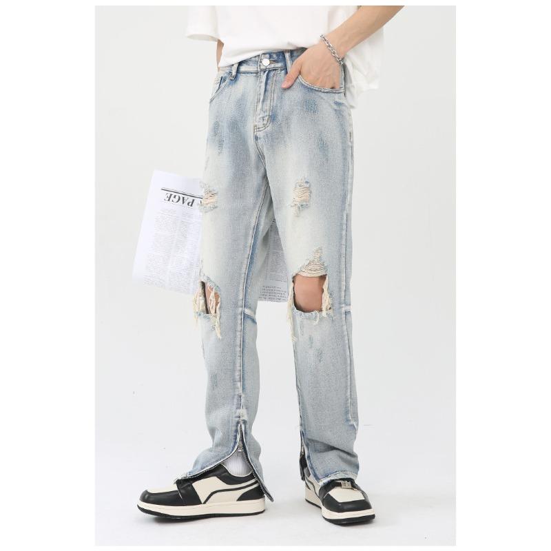 Long Trousers High Street Broken Hole Men and Women with The Same Hip-hop Retro Washed Zipper Scraped Beggar Pants Pants Versatile