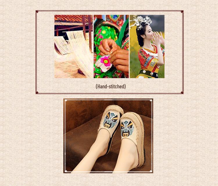 Peking Opera Face Embroidery Espadrilles - Handmade Linen Mori Girl Shoes