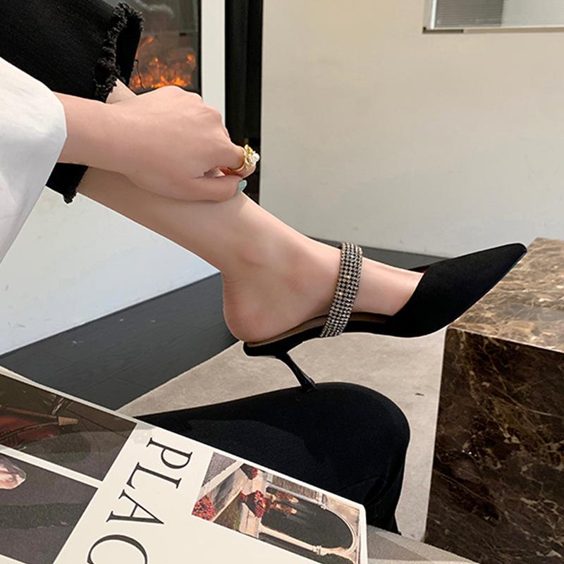 Sheepskin~ French high heels women's bag head cool slippers rhinestone thin heel pointed single shoes sexy bag head half drag sandals