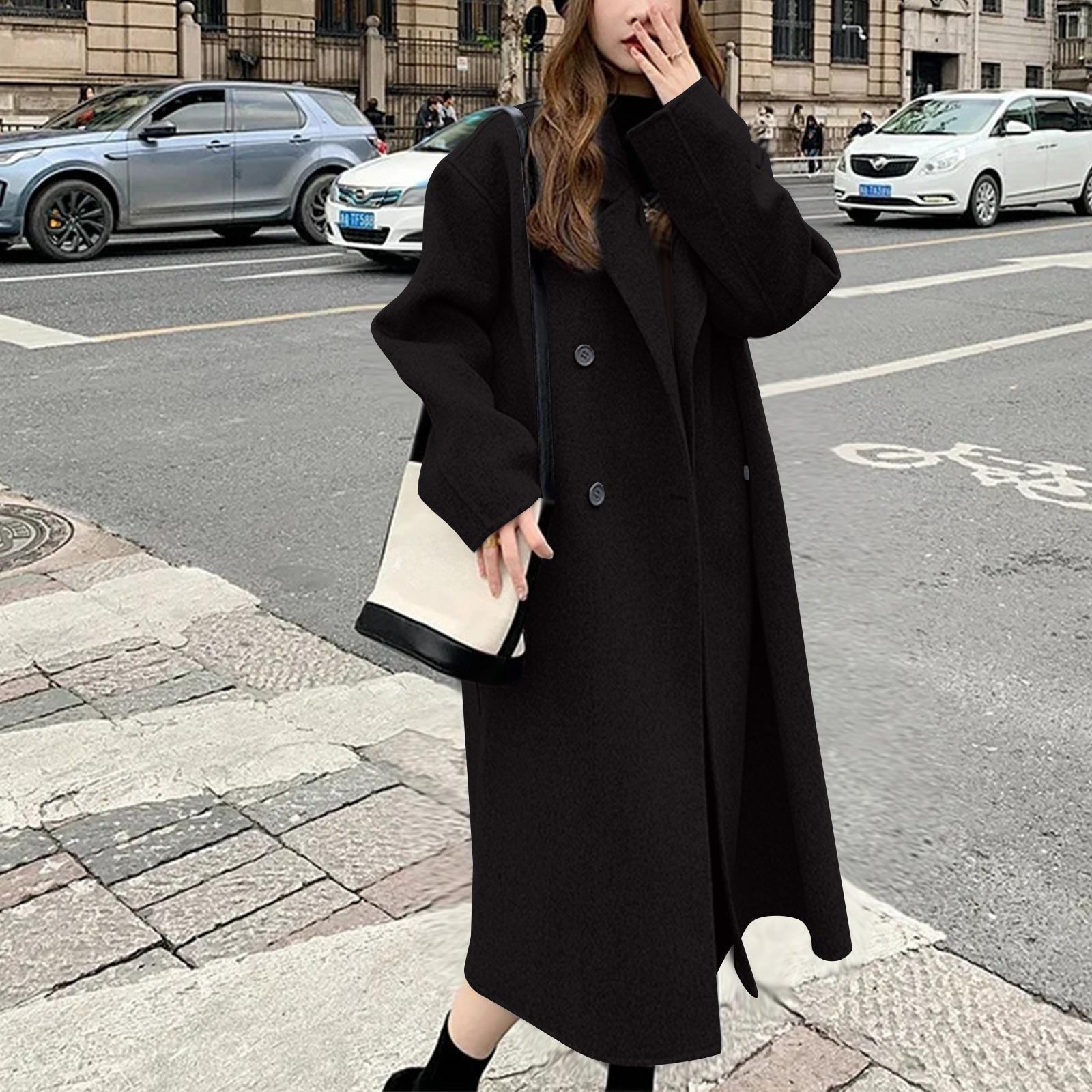 

Women s Fashion Casual Woolen Solid Color Long Coat L чёрный