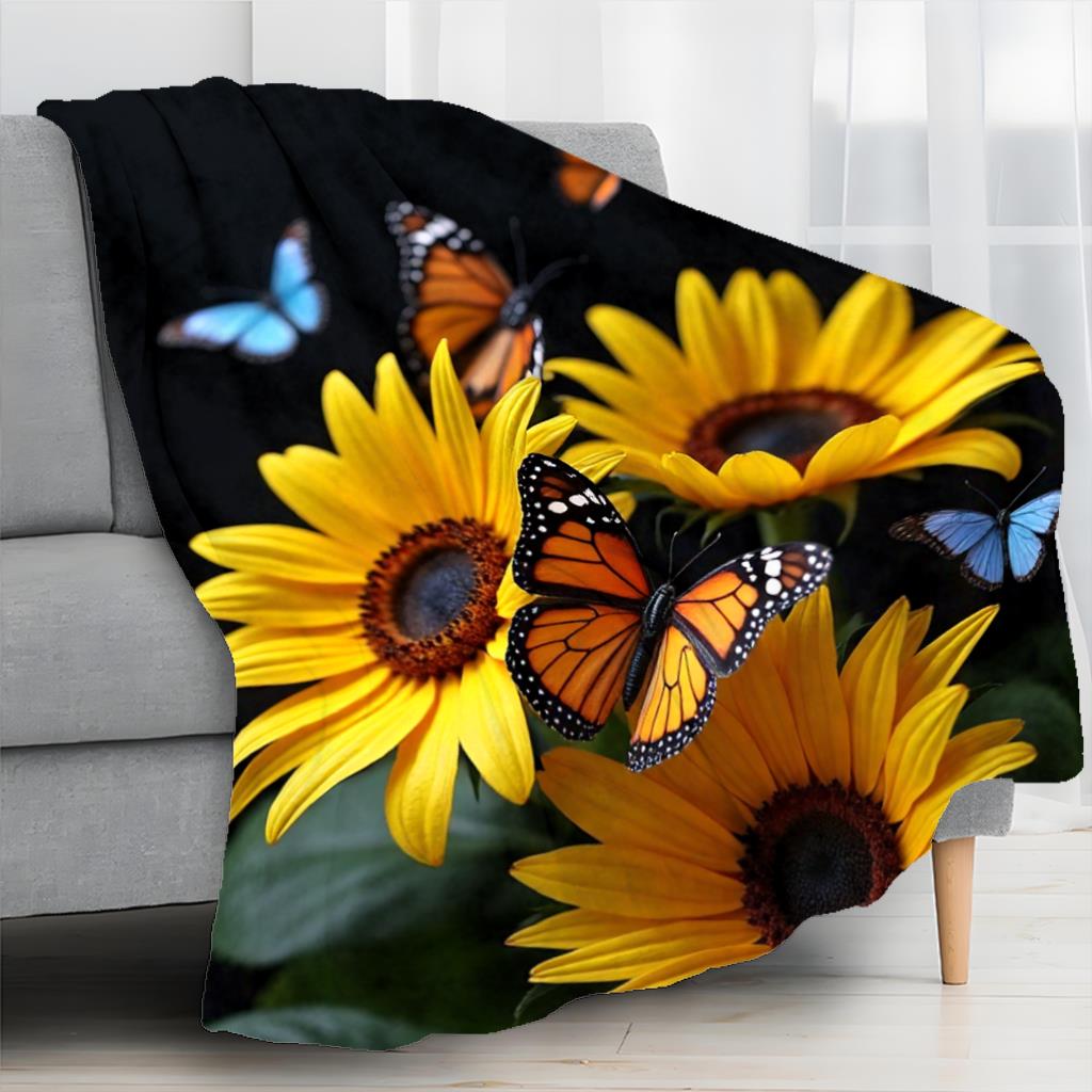 Yellow Sunflower Blanket Colorful Butterflies Design Soft Fleece Throw Cozy Bedding Decor For Spring Summer Season Gift Ideas
