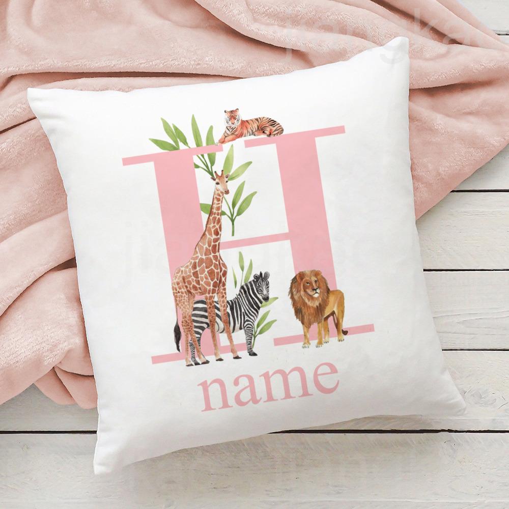 Personalized Pillow Case Initial with Name Safari Animal Pillow Cover Kids Bedroom Wild Party Decor Kids Birthday Shower Gift