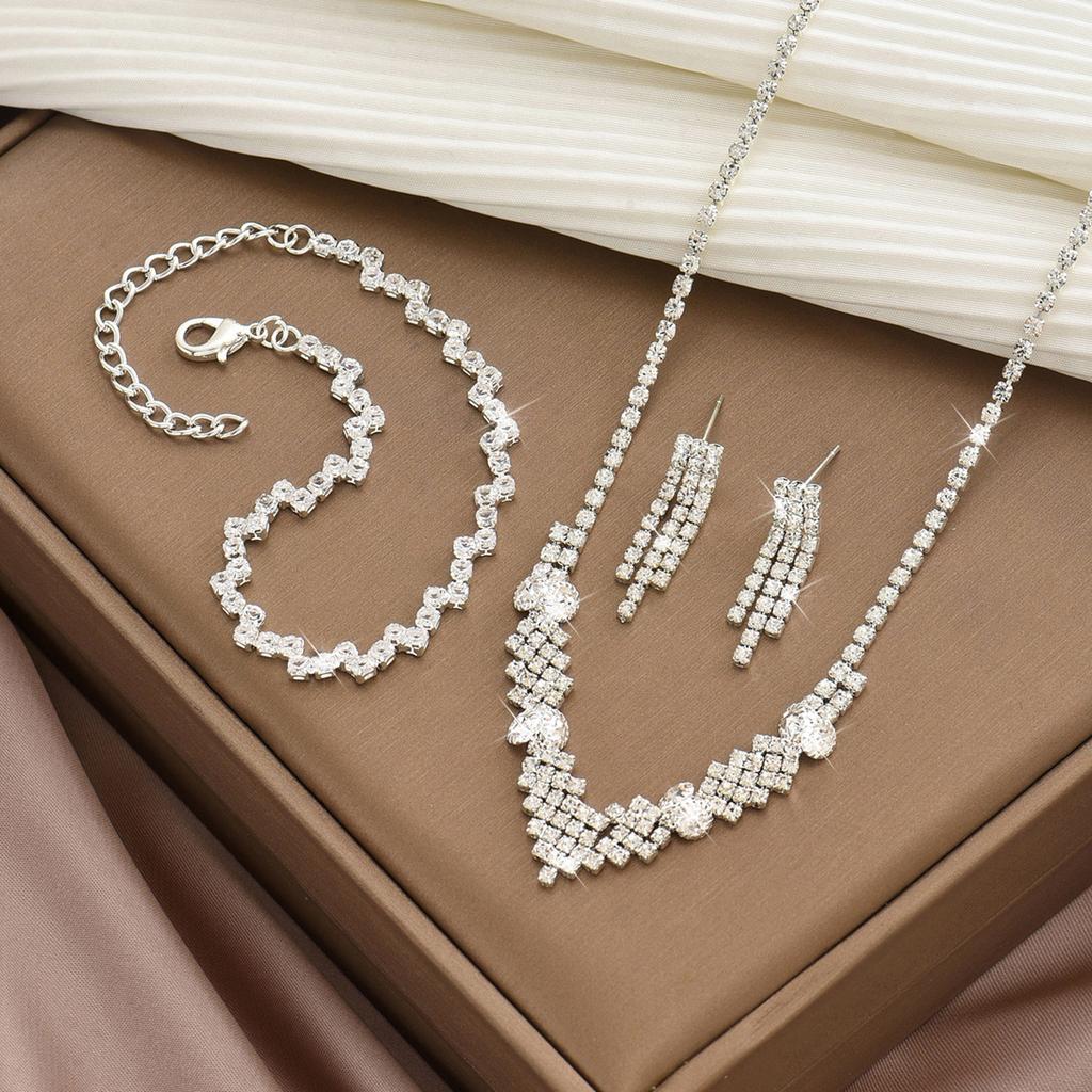 Vintage Necklace Set Women'S Jewelry Bridal Wedding Jewelry Rhinestone Bracelets Earrings Necklace Two-Piece Set