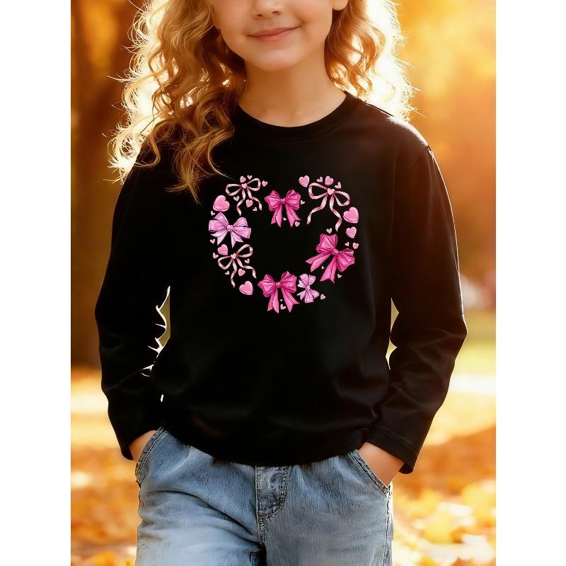 European sizes Kids Long Sleeve T-Shirt for Spring Autumn Heart-Shaped Cartoon Print with Bow Heart Elements Skin-Friendly Soft Comfortable