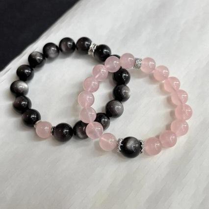 Unisex Couple Bracelet 2Pcs Rose Quartz Obsidian Geometric Beads Small Fresh Accessory Anniversary Souvenir