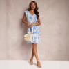 New European and American Express V-neck lace-up short-sleeved ruffle edge women's dress