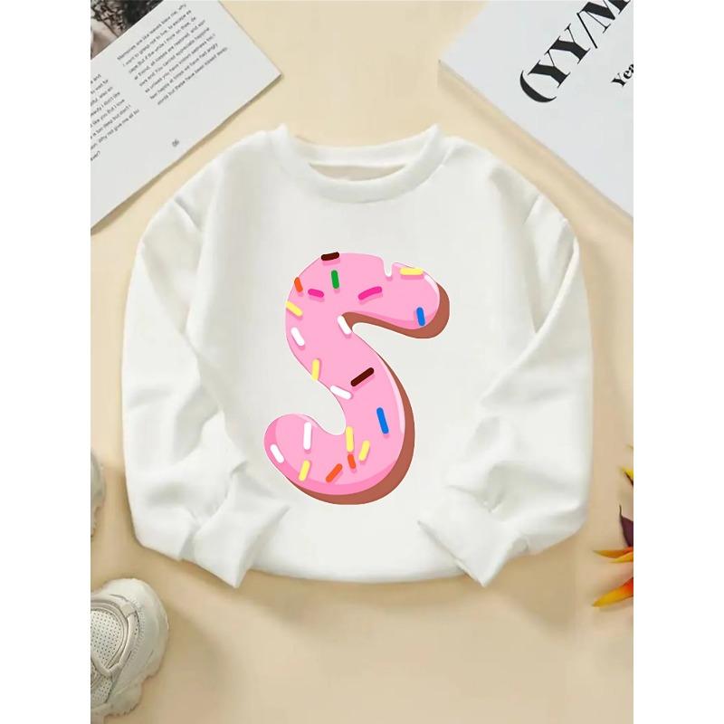 Kids Crewneck Sweatshirt, Pink Donut Letter S with Sprinkles Print 110 белый