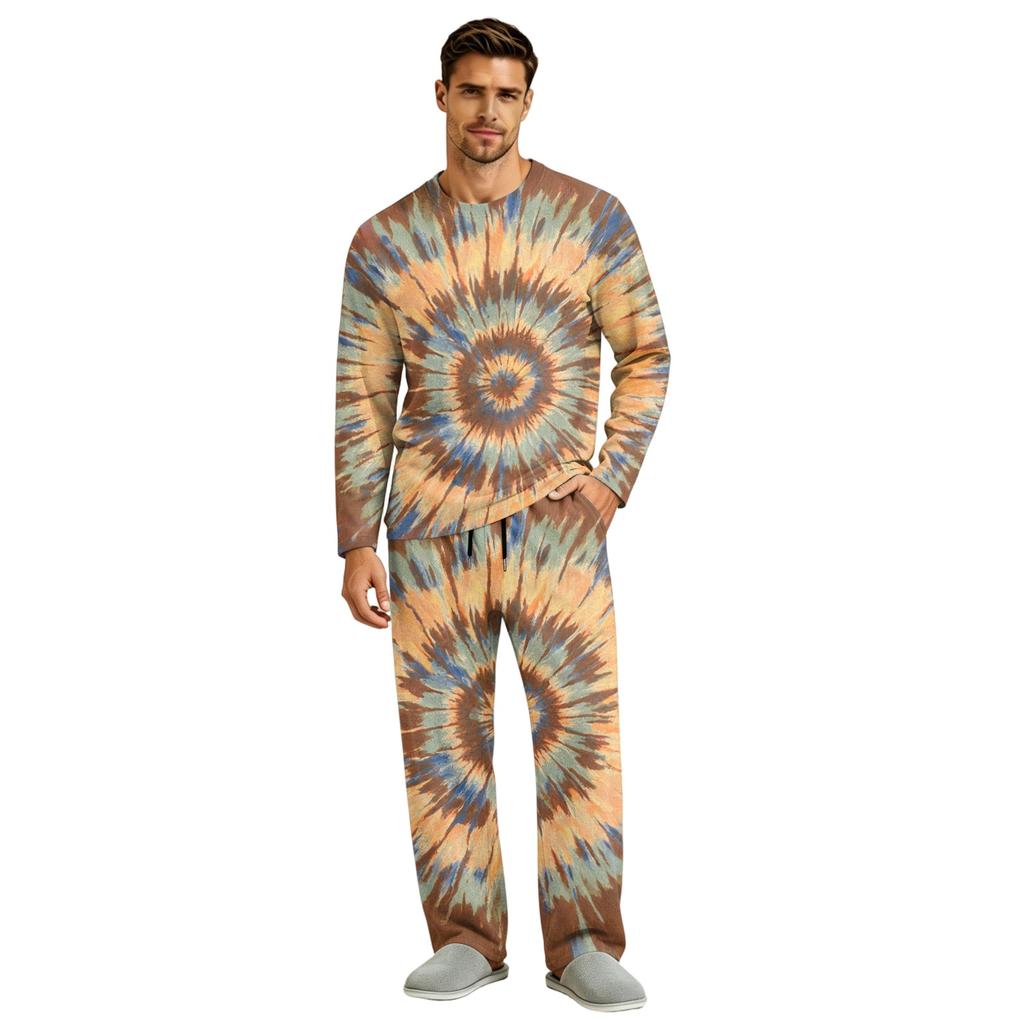 Men's Long Sleeve Pajama Set with Button Crotch and Elastic Drawstring Waist for Home Comfort