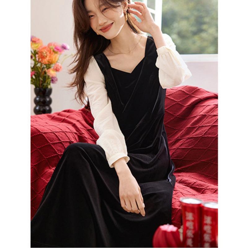New Year Series Annual Meeting Dress Spring New Elegant Little Black Skirt Velvet Umbrella Dress