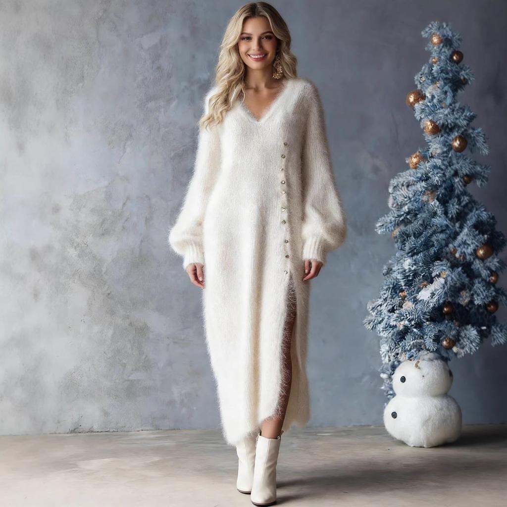 Women's V Neck Long Sleeve Maxi Dress Loose Fit Solid Color Knit Sweater Dress