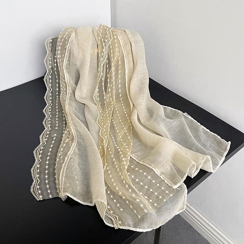 Artistic Celebrity Lace Cotton Linen Scarf for Women In Summer Air-conditioned Room Neck Protection Shawl Travel Scarf