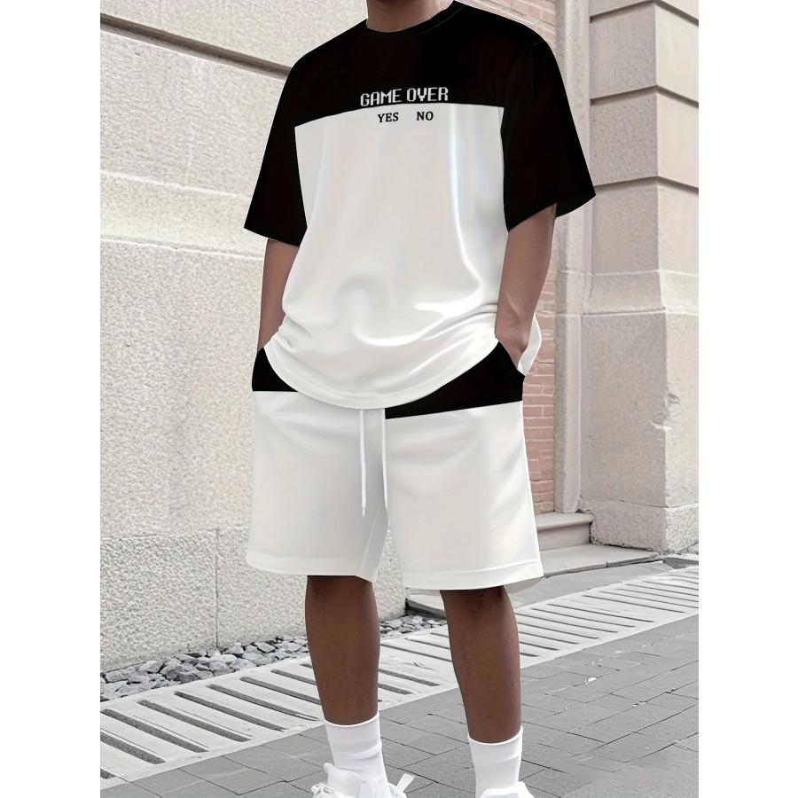 Men's Letter Print Crew Neck Short Sleeve Stylish Streetwear Men's Fashion Set Summer Casual Outdoor Vacation Two-Piece Set