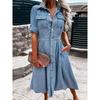Fashion Street Polo Collar Single-Breasted Waist Slim Looking Blue Temperament Leisure Short Sleeve Mid Length Long Length Denim Dress
