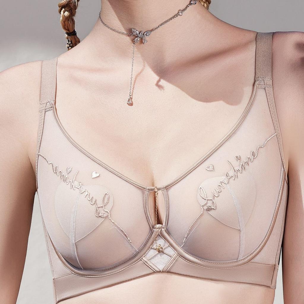 French Letter Embroidery Semi-transparent Mesh Heart Cup Bra Light and Thin Breast-revealing Small Memory Wire Support Bra
