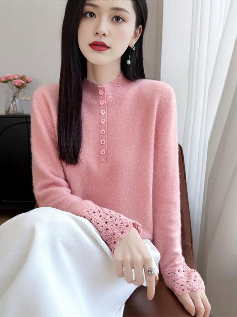 2025 Korean Style Women's Heavy Knit Wool Sweater: Versatile Hollow-Out, Half-High Neck, Slimming Base Layer