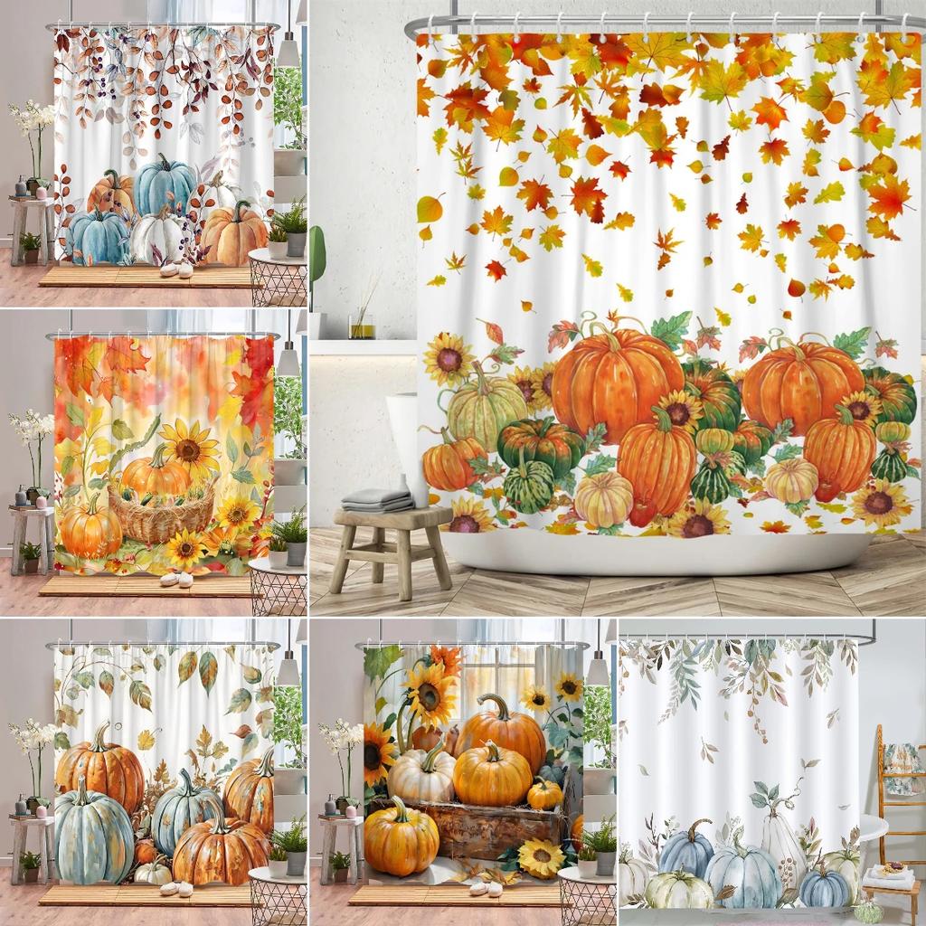 Autumn Scenic Shower Curtain Fall Pumpkin Farm Thanksgiving Butterfly Flower Leaf Barn Polyester Fabric Bathroom Decor Curtains