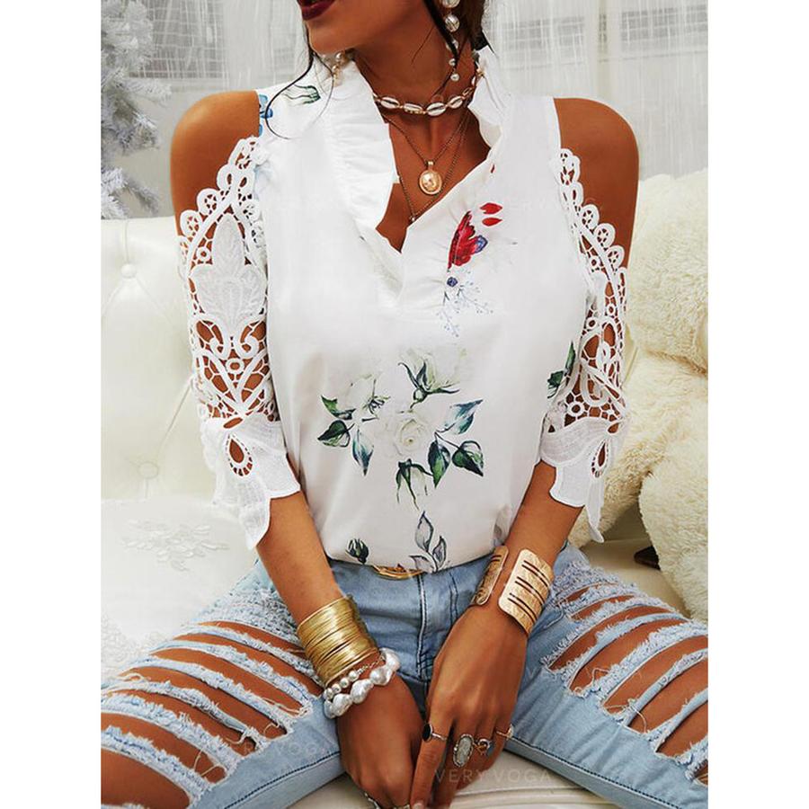 Summer New Women's Top Floral Print Off-Shoulder Lace Patchwork Long Sleeve T-Shirt for Women