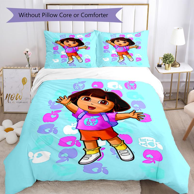 Dora Explorer Bedding Set Breathable Duvet Cover with Pillowcases Decorative Bed Linen for Bedroom Home Decoration Birthday Gift