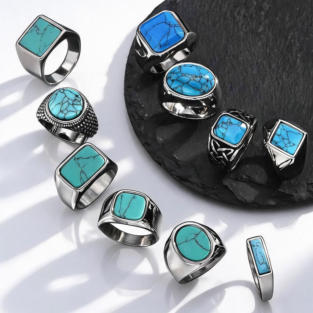 Stylish Natural Stone Turquoise Ring for Men,Waterproof Stainless Steel Signet Ring,Vintage Birthday Jewelry Gift for Him Dad
