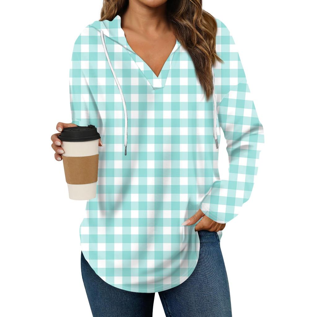 Damenmode Hoodies V-Ausschnitt Langarm Bedruckt Kordelzug Lässige Lose Pullover Tops