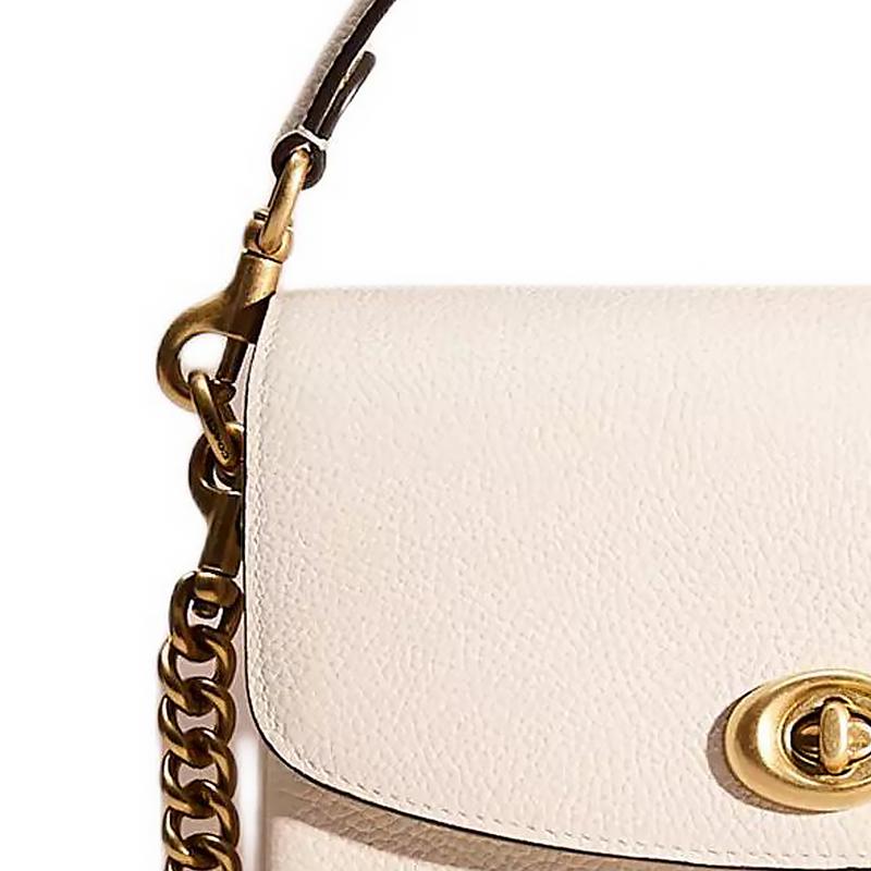 Coach Cassie 19 Turnlock Closure Chain Polished Pebbled Leather Shoulder Crossbody Tote Small Women's White