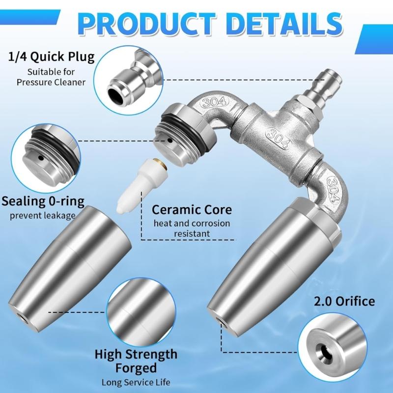 Stainless Steel High Pressure Washer Replacement Nozzle Tip Garden Cleaning Tool Rotating Double Nozzle Tip 1/4inch