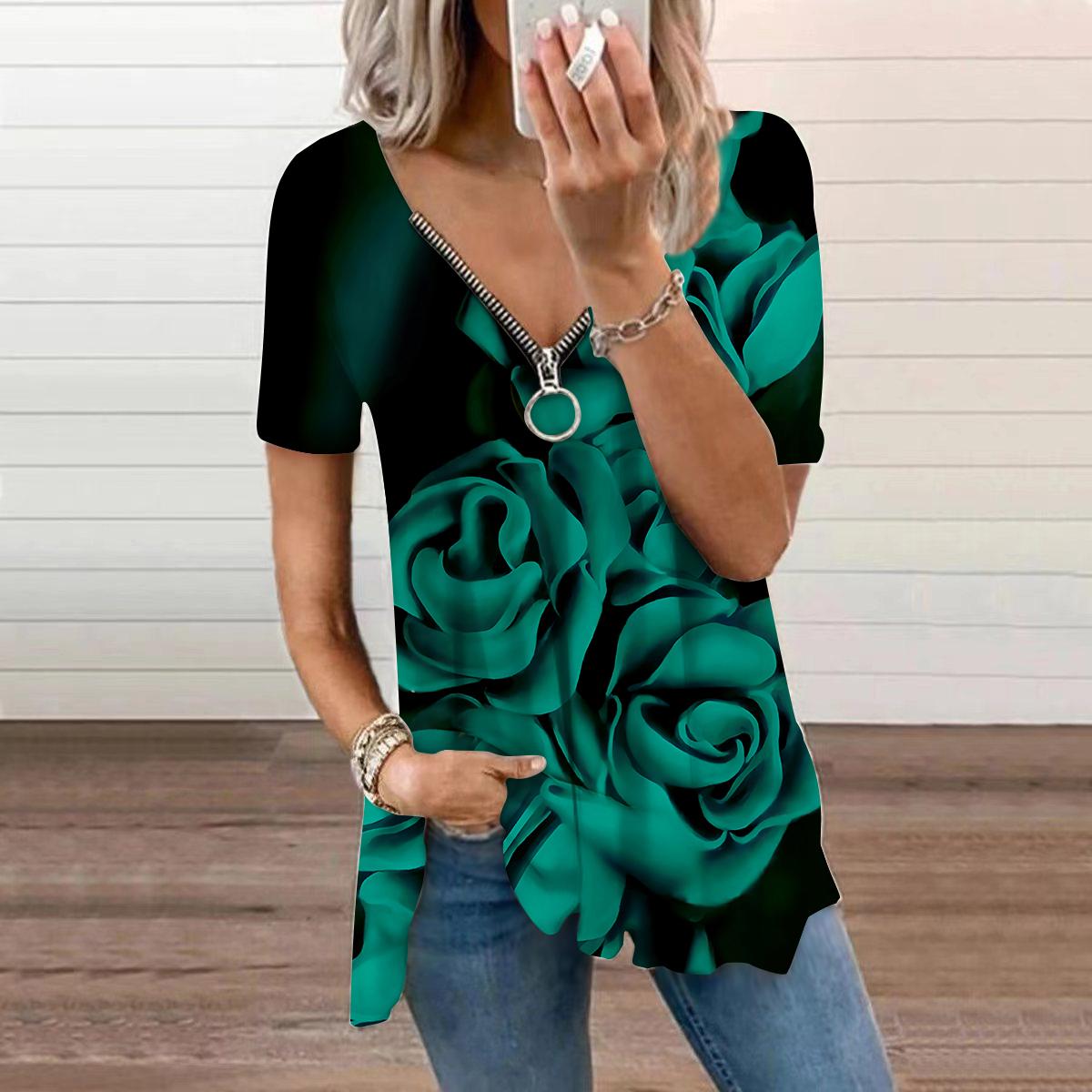 

Женский топ, летний новый модный повседневный топ с зеленой розой и v-образным вырезом на молнии и короткими рукавами 8XL зелёный