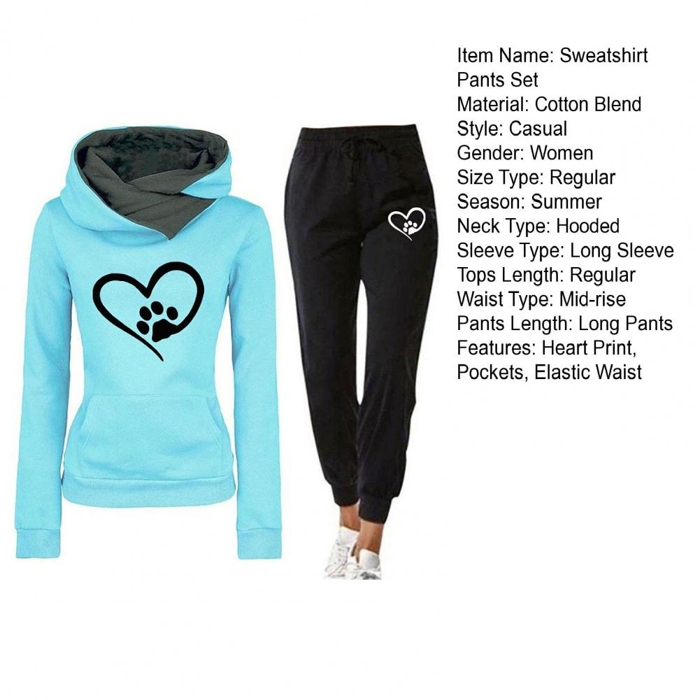 2Pcs/Set Women Autumn Winter Heart Print Sport Outfit Hooded Long Sleeve Front Pocket Sweatshirt Tops Elastic Waist Jogger Pants