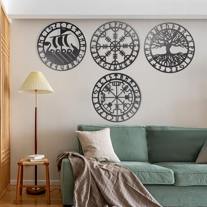 4PCS Set Round Wall Art Nordics Viking Runes Wooden Wall Decor Celtic Family Trees Viking Decor Amulet Sign Home Office Decor