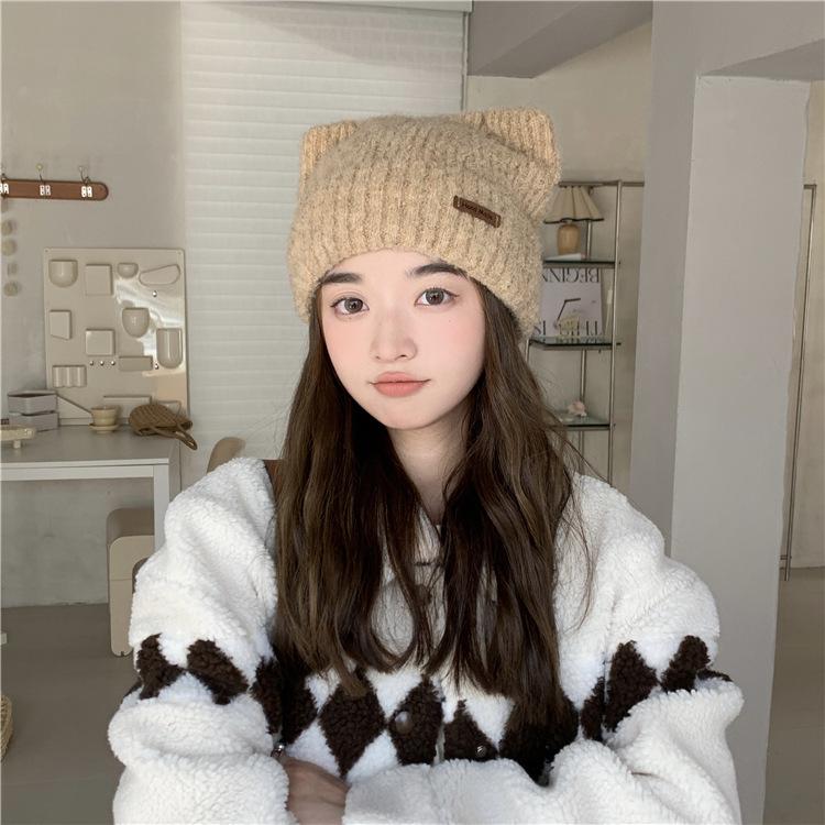 

Женская вязаная шерстяная плюшевая шапка в корейском стиле — милые ушки, толстая и теплая для осени/зимы, подходит для большого обхвата. хаки