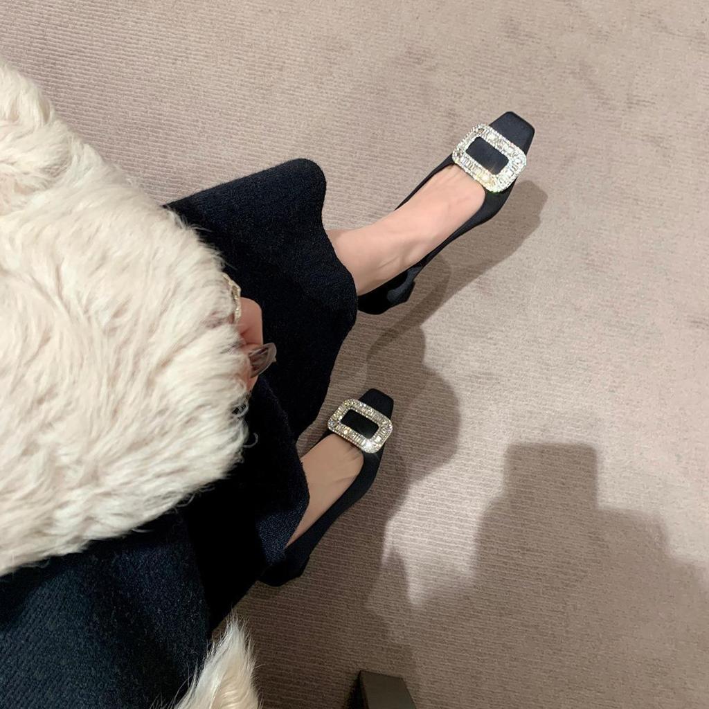 Grape Mom Studiolee Evening Wind Temperament Rhinestone Square Buckle Square Head Shallow Mouth Middle Heel Silk Commuter Single Shoes Women