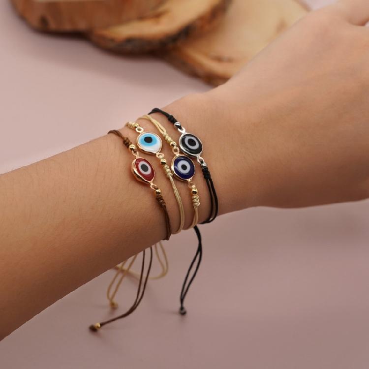 Bohemian Evil Eyes Glass Bead Bracelet Gold Accented Adjustable Cord Wristchain Jewelry For Everyday Wear