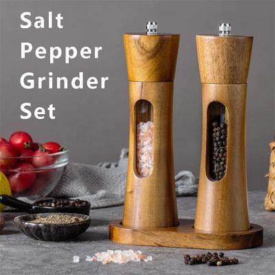 Salt and Pepper Grinder Set 8 Inch Wooden Mills with Storage Base Adjustable Ceramic Steel Core Spice Shakers Manual Grinder
