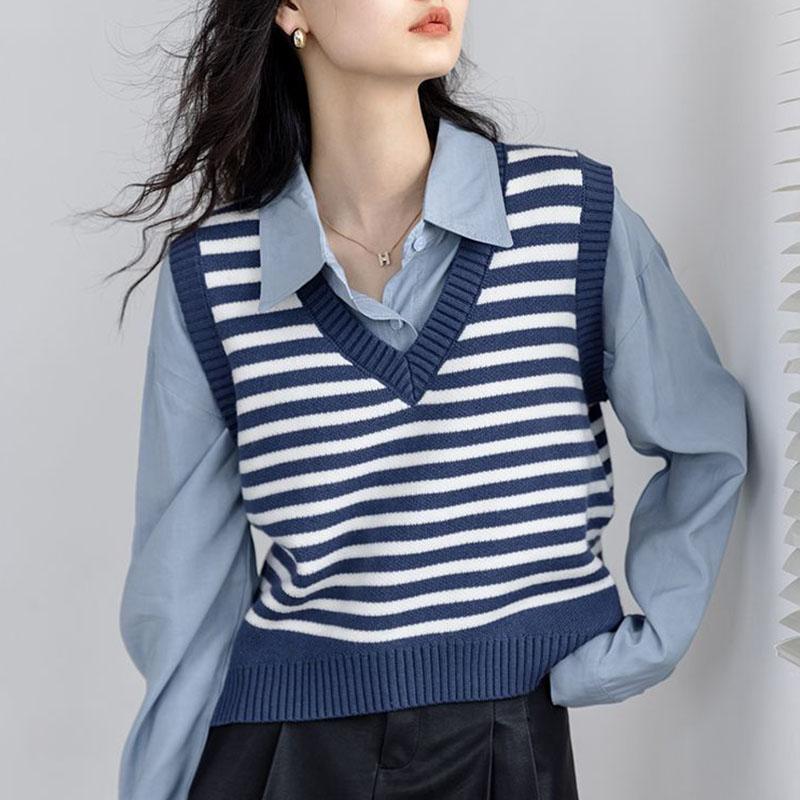Striped V-neck Knitted Vest Sweater Women Paired with Autumn Sweater Tank Design Sense of Temperament and Layering Vest Female